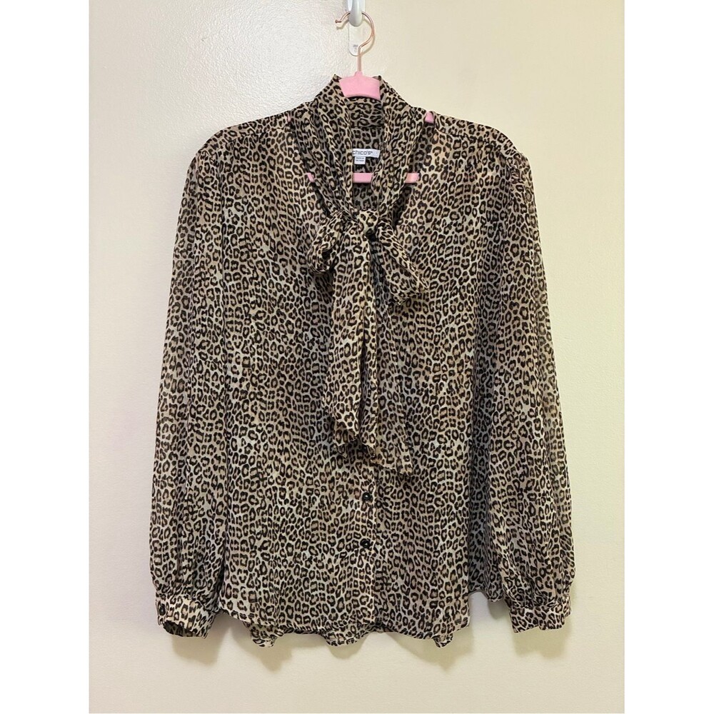 Chicos Leopard Print Tie-Neck Blouse size 14